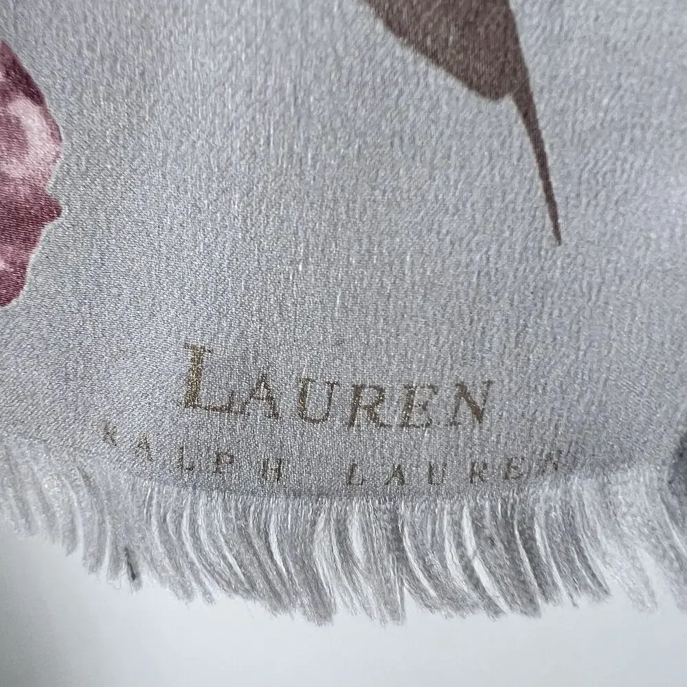 Vintage Ralph Lauren Silk Light Gray Pink Floral Roses Rectangle Scarf